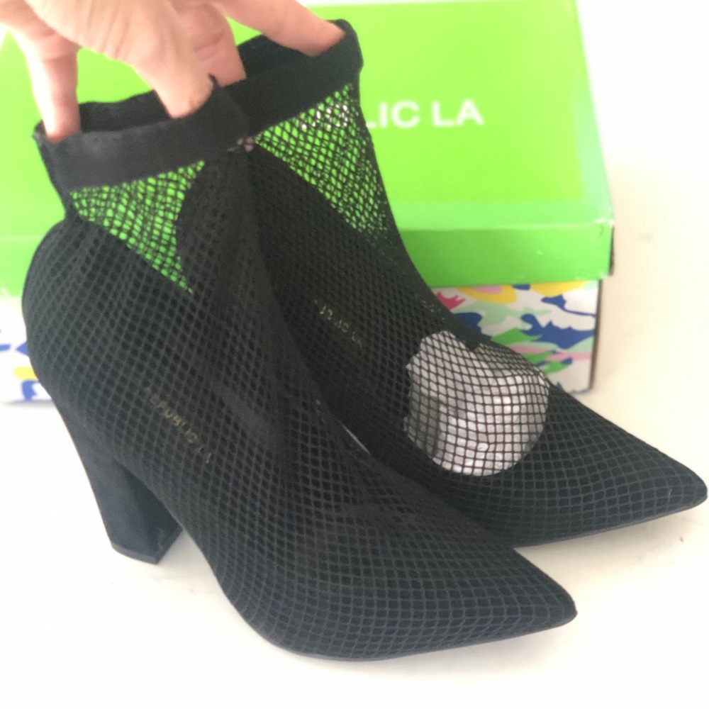 New! Shoe Republic LA. Black. Heels. Net detailing.